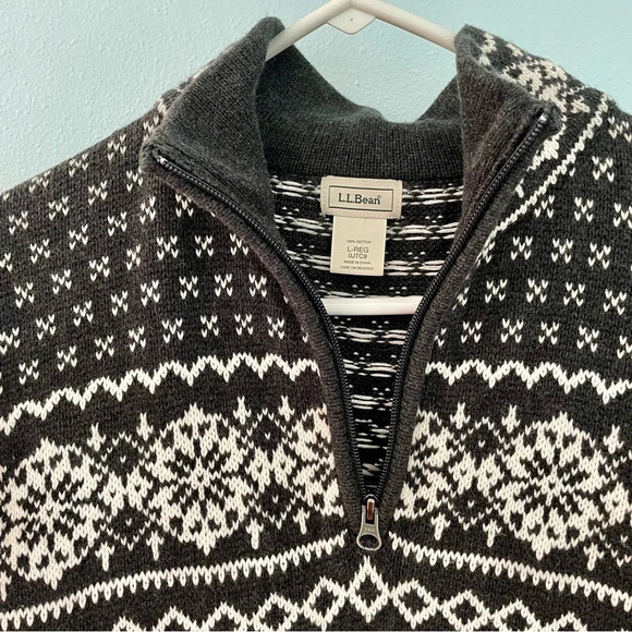 L.L. BEAN vintage chunky cotton grey and white quarter zip sweater size large - Picture 7 of 10